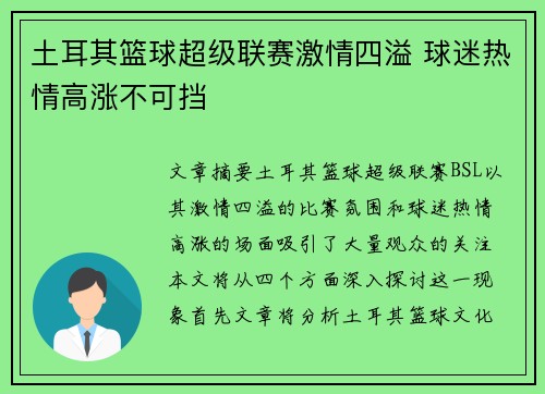 土耳其篮球超级联赛激情四溢 球迷热情高涨不可挡