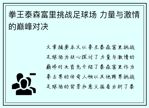 拳王泰森富里挑战足球场 力量与激情的巅峰对决